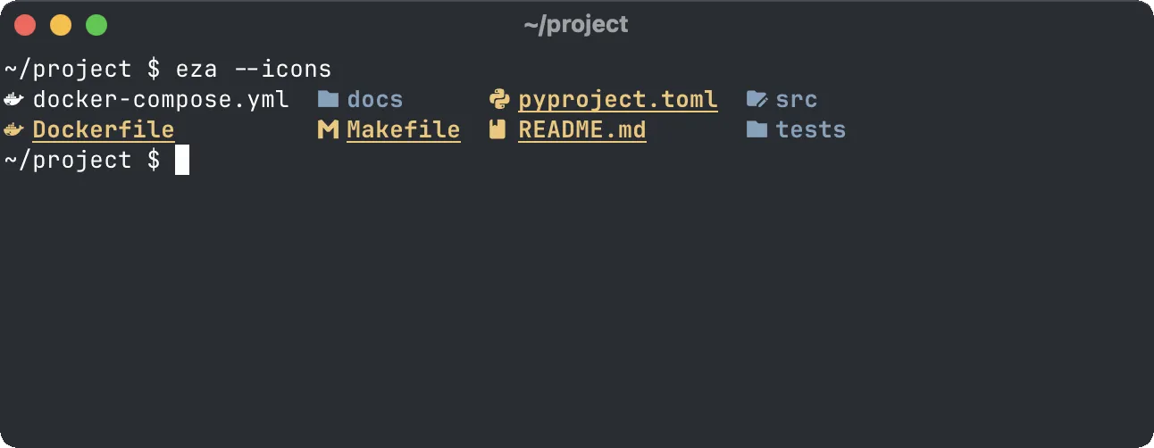 Ghostty showing the same eza --icons output with a real icon before every name, from a whale for the Docker files to a Python logo for pyproject.toml.