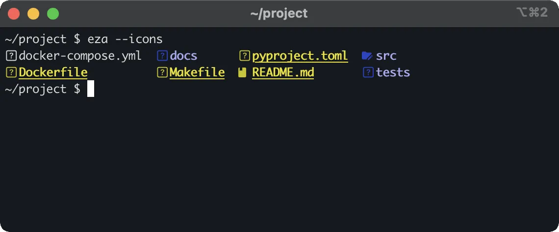 iTerm2 showing eza --icons: every file and folder name has a small boxed question mark in front of it instead of an icon, except README.md, which gets a book.