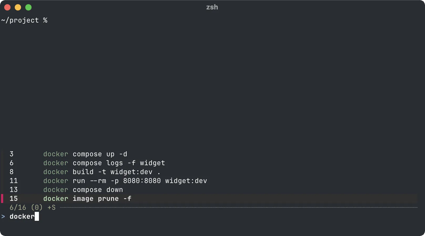 fzf's Ctrl+R history search in zsh with the query docker: six of sixteen commands match, and docker image prune -f is highlighted.