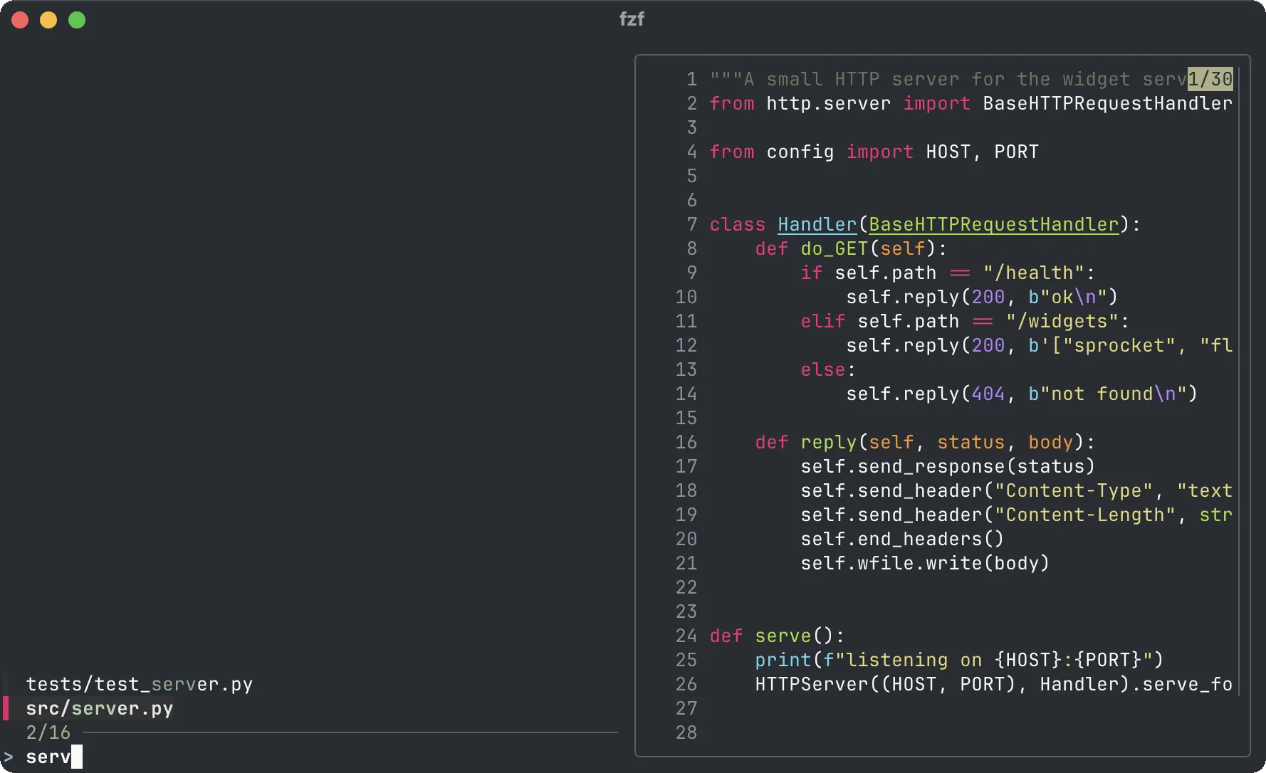 fzf with a bat preview pane: the query serv matches two of sixteen files, and src/server.py is shown beside them with syntax highlighting.