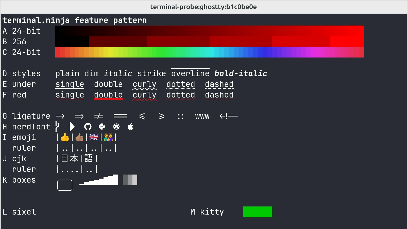 Ghostty on Linux drawing the test pattern: smooth colour ramps, every text and underline style including red curly underlines, joined ligatures, Nerd Font icons, emoji and CJK lined up with their rulers, a green kitty graphics rectangle and no sixel image.
