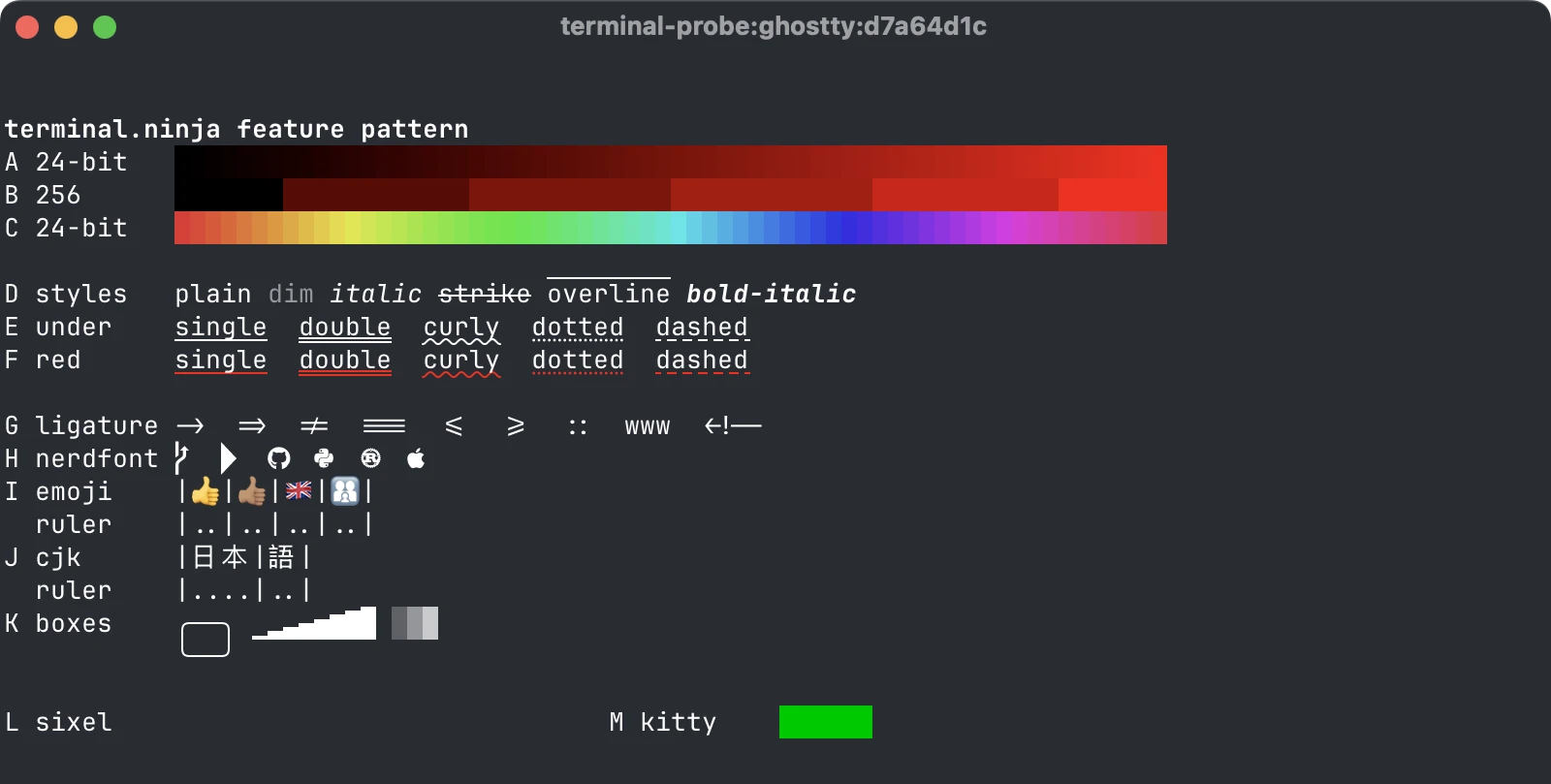 Ghostty drawing the test pattern: smooth colour ramps, every text and underline style including red curly underlines, joined ligatures, Nerd Font icons, emoji and CJK lined up with their rulers, a green kitty graphics rectangle and no sixel image.