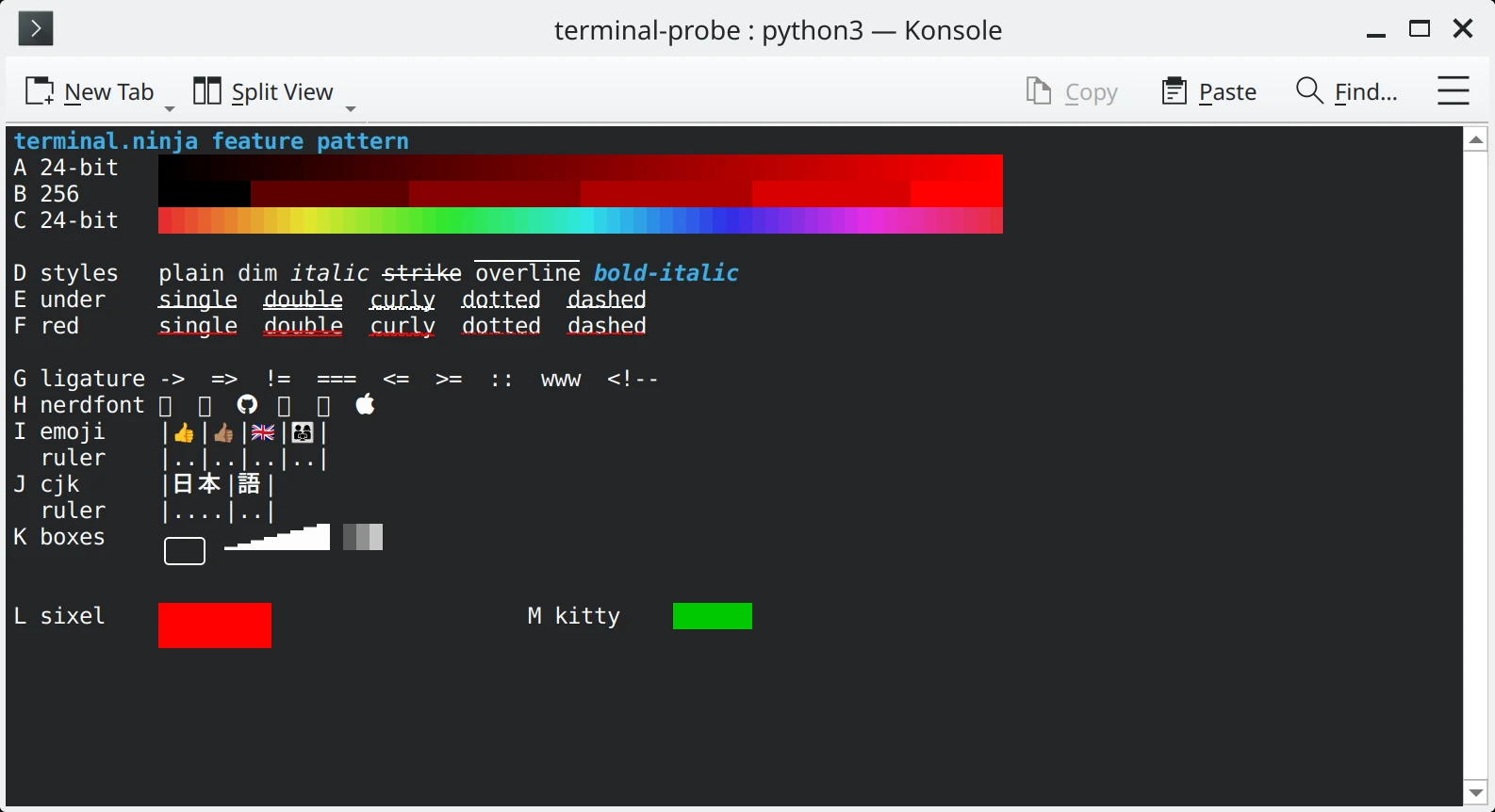 Konsole drawing the test pattern: smooth colour ramps, overline and every underline style in red, the curly one as a stepped zigzag, emoji and CJK lined up with their rulers, and both the red sixel and green kitty graphics rectangles, but dim text barely fainter than plain and most Nerd Font icons as boxes.