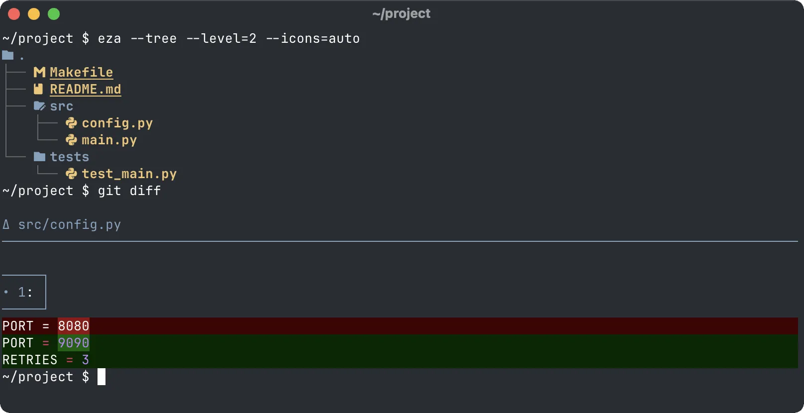 eza drawing the project as a tree with an icon per file, Python logos on the .py files, then git diff through delta: PORT 8080 changed to 9090.