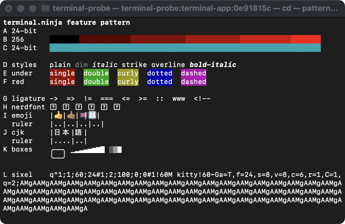 Terminal.app drawing the test pattern: the 24-bit red ramp missing and the rainbow ramp a flat teal band, no line through the word strike, every underlined word in a solid coloured block, question-mark boxes for Nerd Font icons, and both image rows printed as screenfuls of escape-code text.
