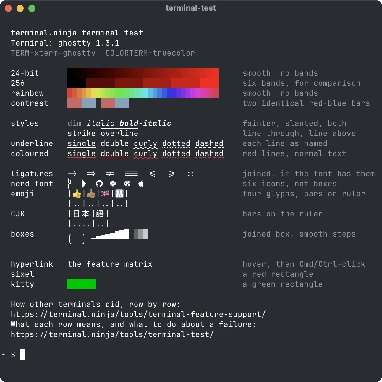 The terminal test in Ghostty: smooth colour ramps, every underline style, ligatures, six Nerd Font icons, aligned emoji and a green kitty image.
