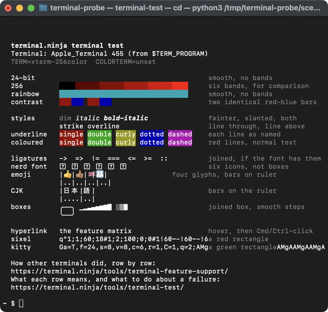 The terminal test in Terminal.app: no 24-bit ramp, a flat teal rainbow, underlines as coloured blocks, icons as boxes and both images printed as text.