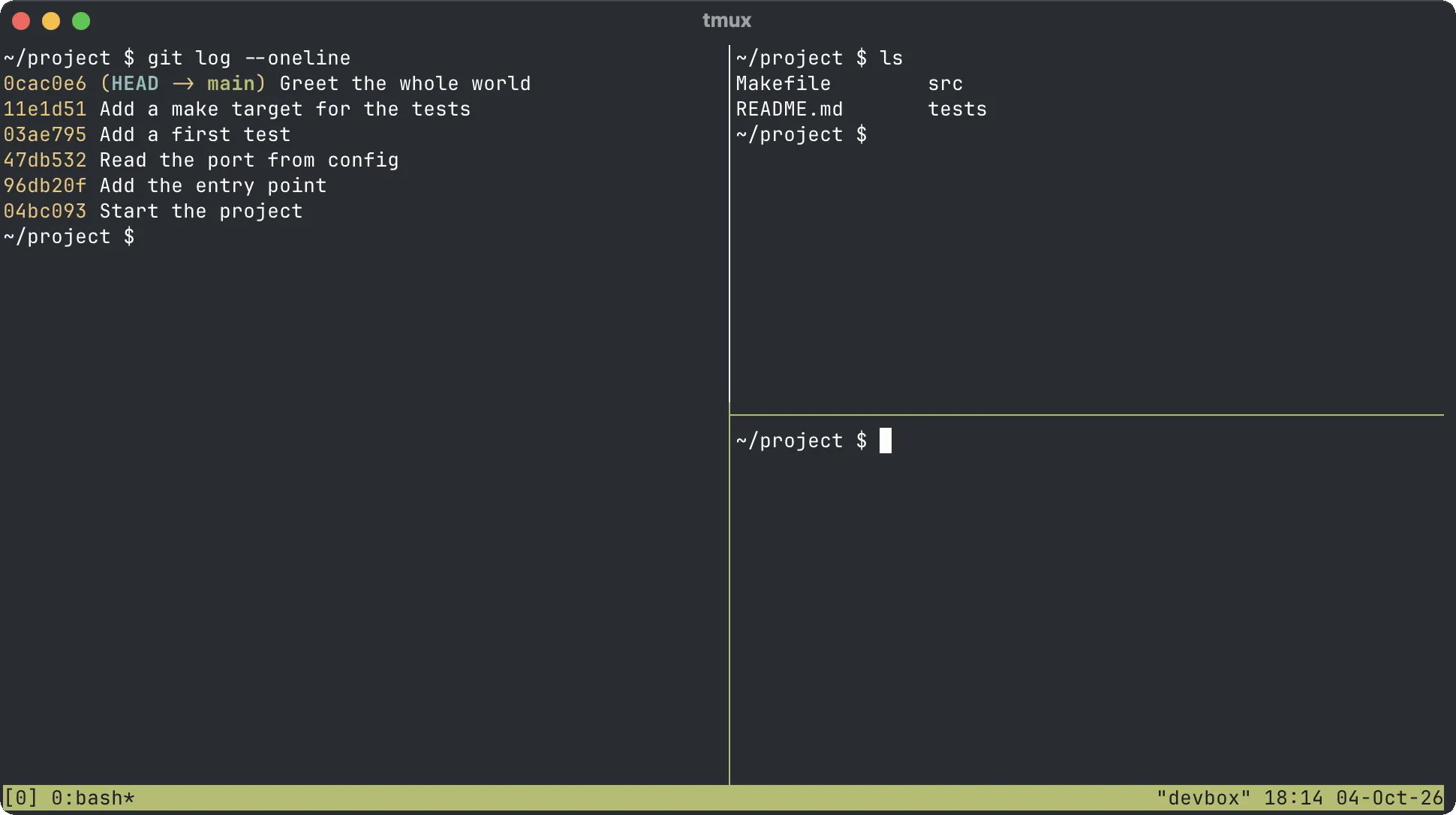 tmux on its defaults with three panes: a git log on the left, a directory listing and an empty prompt on the right, and a green status bar along the bottom.