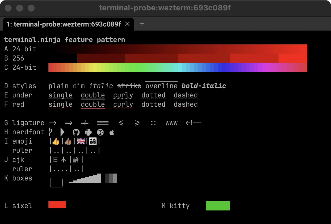 WezTerm drawing the test pattern: smooth colour ramps, overline and every underline style in red, joined ligatures, Nerd Font icons, emoji and CJK lined up with their rulers, and both the red sixel and green kitty graphics rectangles.